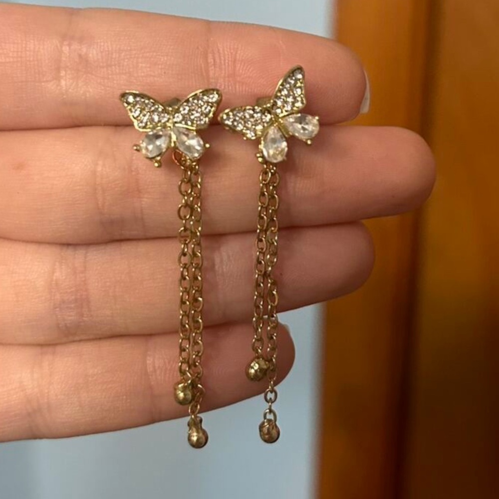 Luxe Gold Tone Rhinestone Tassel Chain Earrings